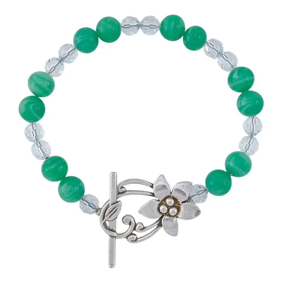 Vintage Sterling Silver 925 Green Glass Flower Bracelet 7.25